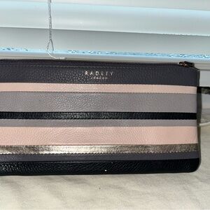 Radley London Striped Leather Zip Pouch in Pink, Grey, Black